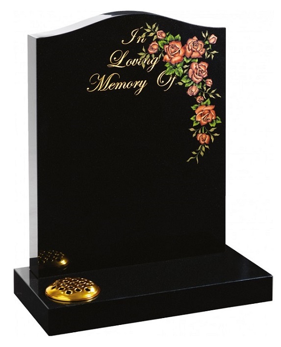 Memorial headstone and base in black granite with coloured design as seen in brochure