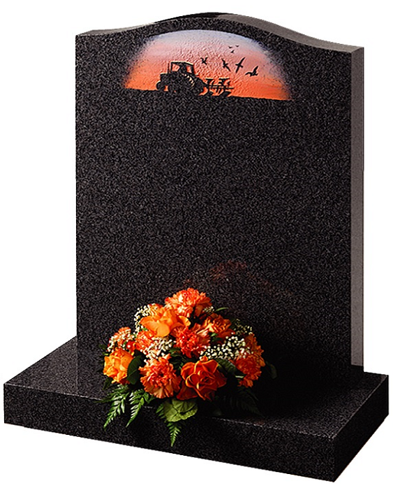 Memorial headstone and base in south african grey granite with coloured design as seen in brochure