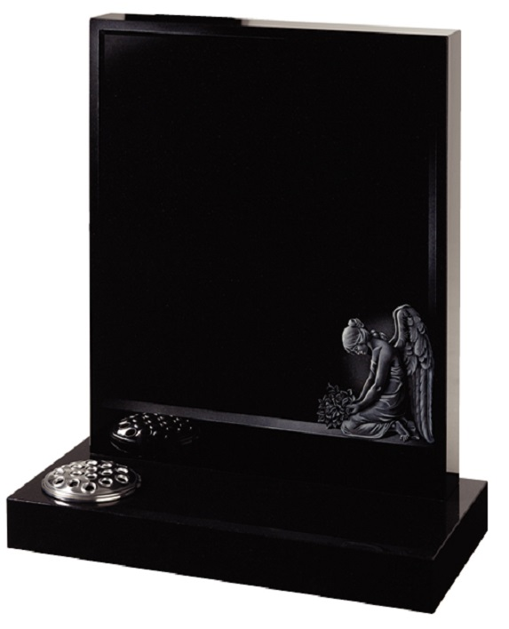 Memorial headstone and base in black granite with coloured design as seen in brochure